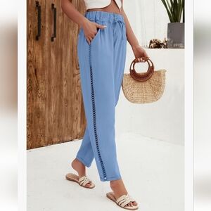 Puimentiua Light Blue Linen Blend Eyelet Side Pocket Pants Pull On XXL